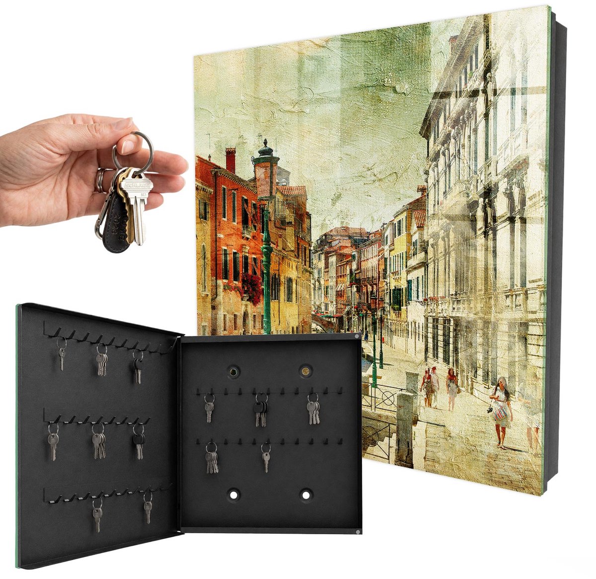 WallMuralia - Sleutelkast - 30x30x5 cm - met 50 haken - Kleurrijke Stad Groot Sleutelkastje - Beige Sleutelbox - Linksopenend - Zwart interieur