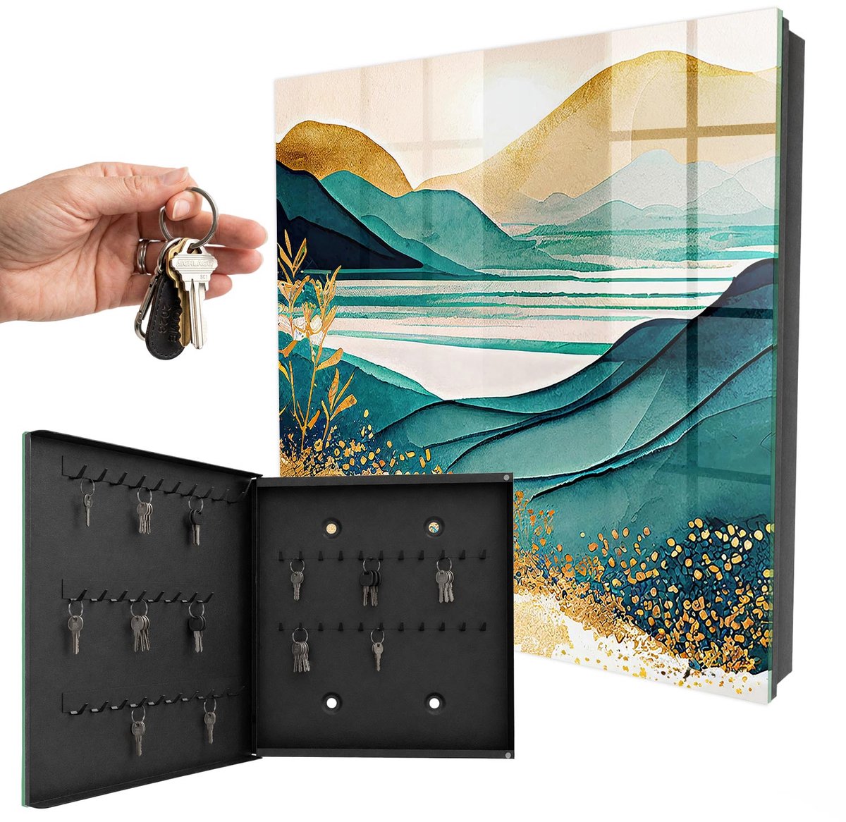 WallMuralia - Sleutelkast - 30x30x5 cm - met 50 haken - Turkooizen Bergen Sleutelkastje - Turkoois Sleutelbox - Linksopenend - Zwart interieur