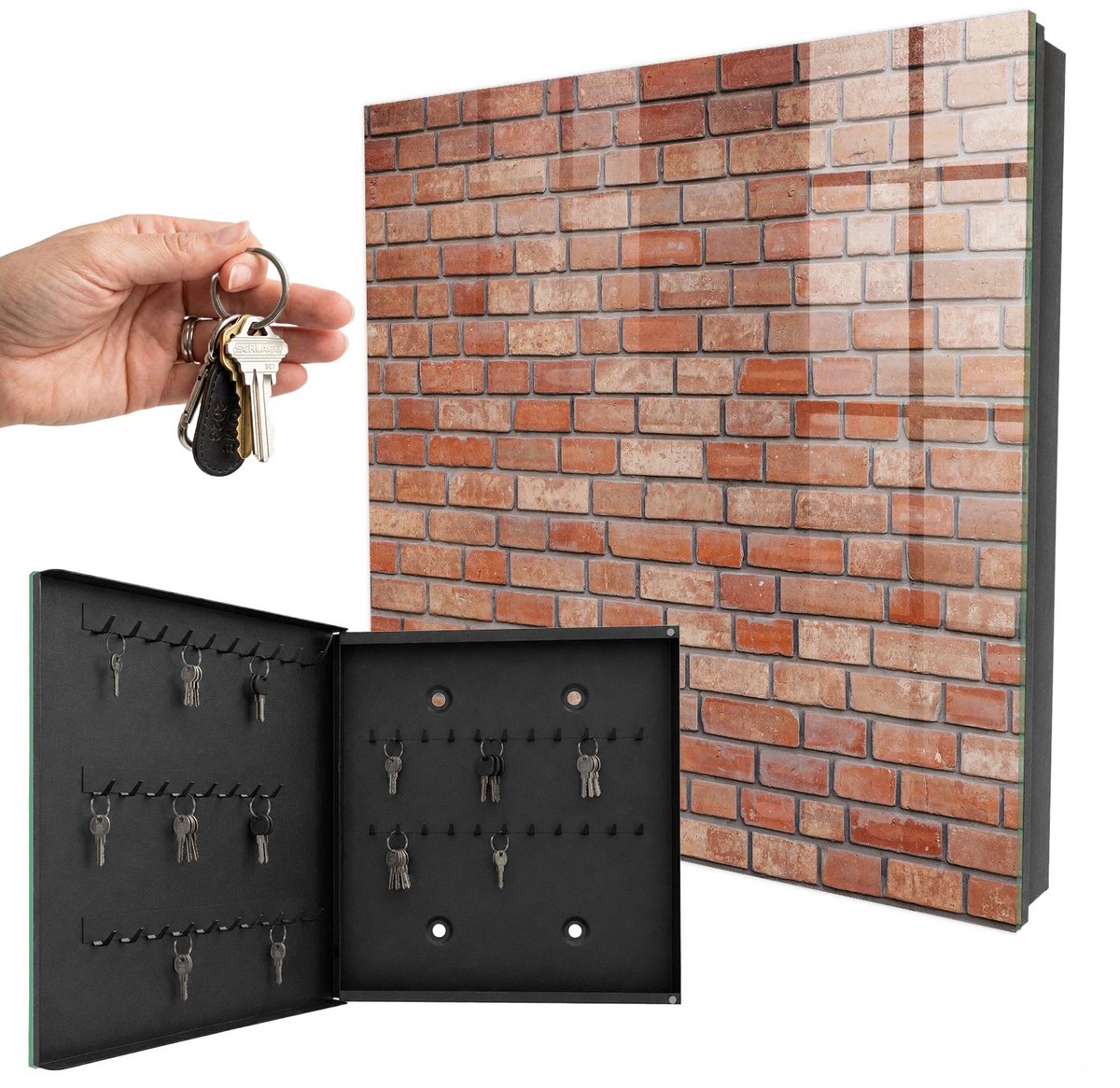 WallMuralia - Sleutelkast - 30x30x5 cm - met 50 haken - Bakstenen Muur Leuk Sleutelkastje - Bruin Sleutelbox - Linksopenend - Zwart interieur