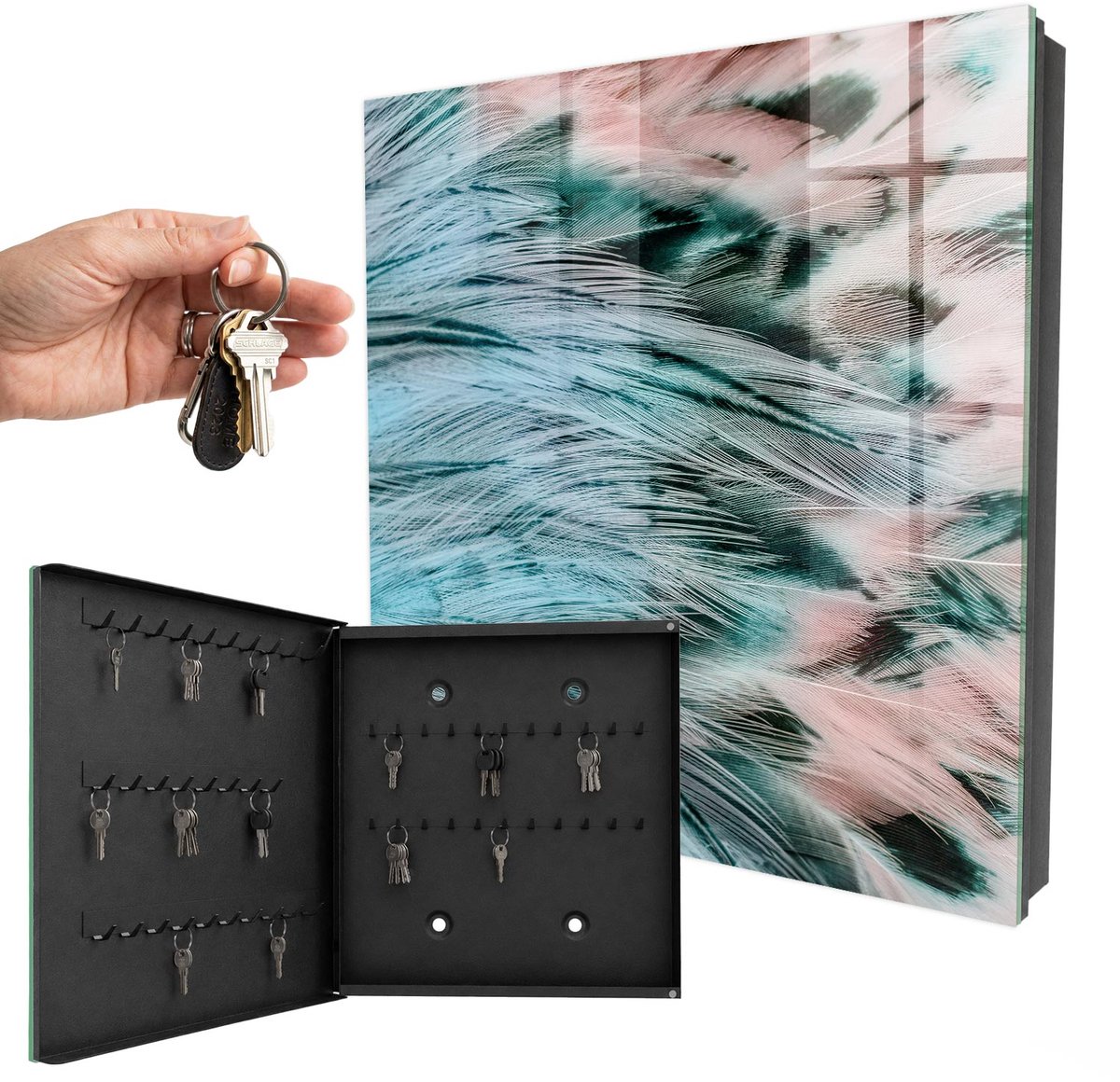 WallMuralia - Sleutelkast - 30x30x5 cm - met 50 haken - Pastelkleurige Veren Sleutelkastje Klein - Blauw Sleutelbox - Linksopenend - Zwart interieur