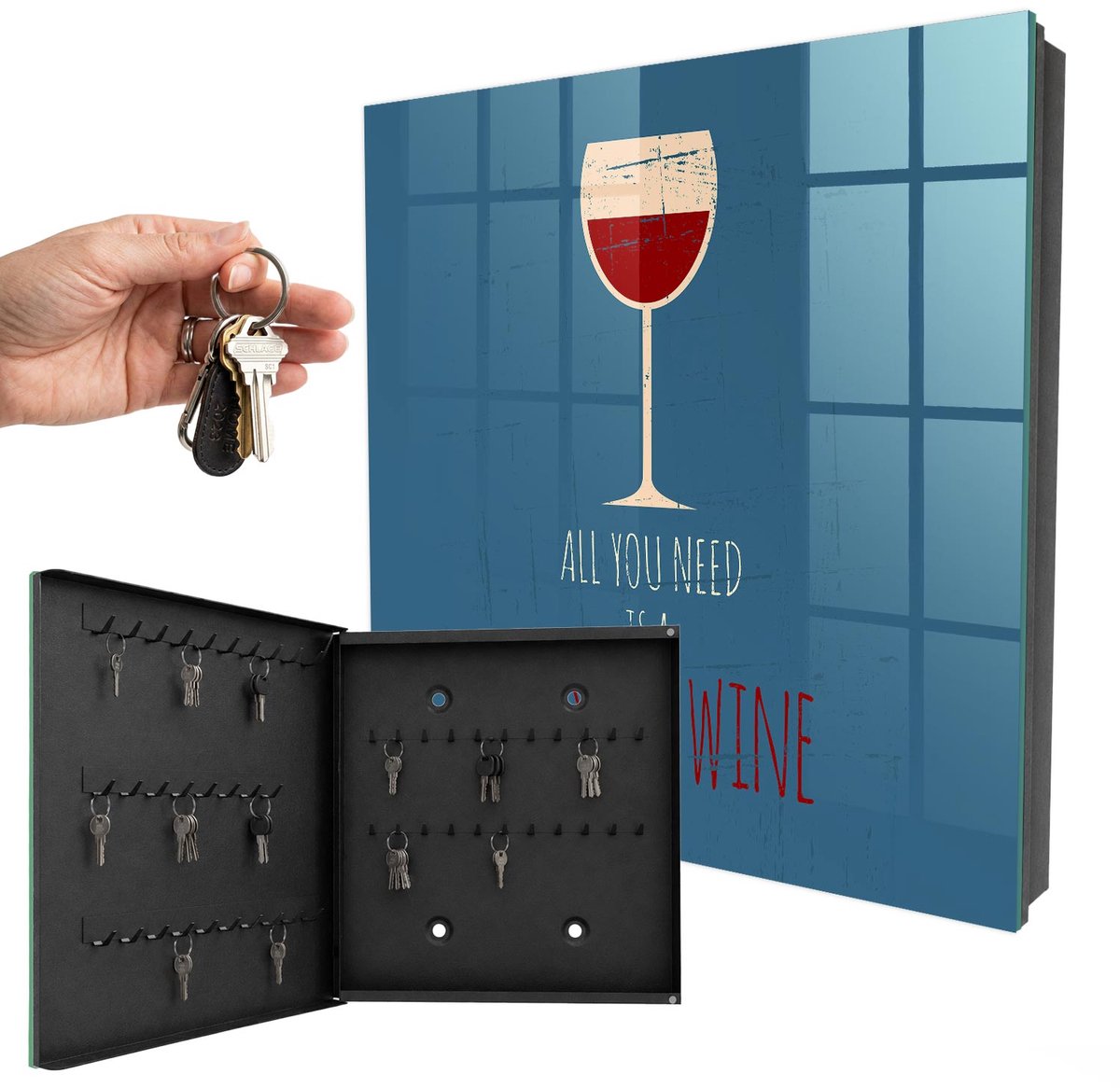 WallMuralia - Sleutelkast - 30x30x5 cm - met 50 haken - Een Glas Wijn Sleutelkastje Muur - Blauw Sleutelbox - Linksopenend - Zwart interieur