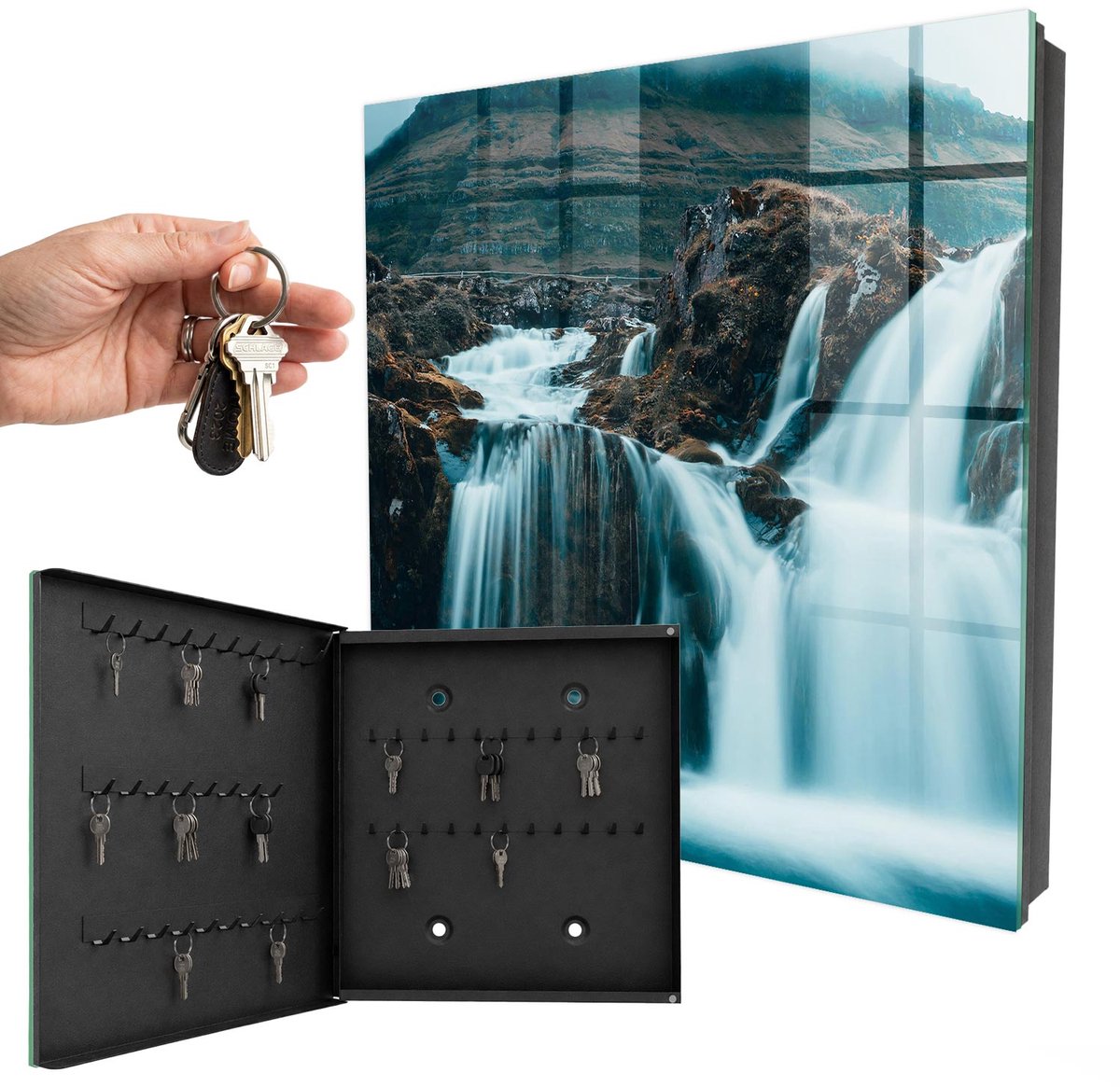 WallMuralia - Sleutelkast - 30x30x5 cm - met 50 haken - De Grootsheid Van De Natuur Sleutelkastje Binnen - Blauw Sleutelbox - Linksopenend - Zwart interieur