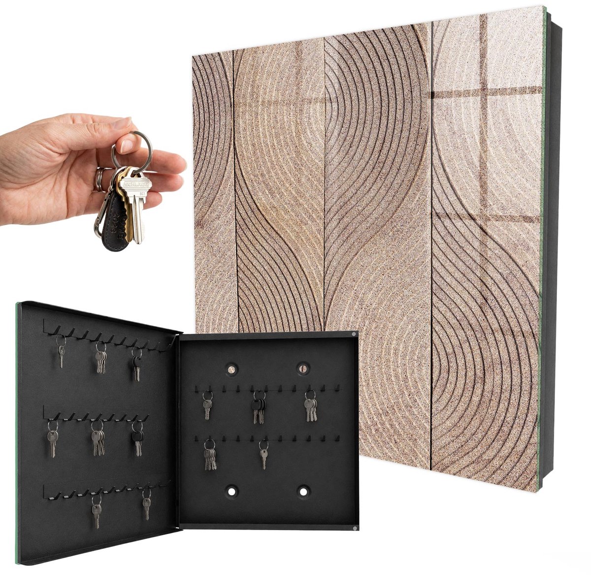 WallMuralia - Sleutelkast - 30x30x5 cm - met 50 haken - Textuurgolven Sleutelkastje Binnen - Beige Sleutelbox - Linksopenend - Zwart interieur