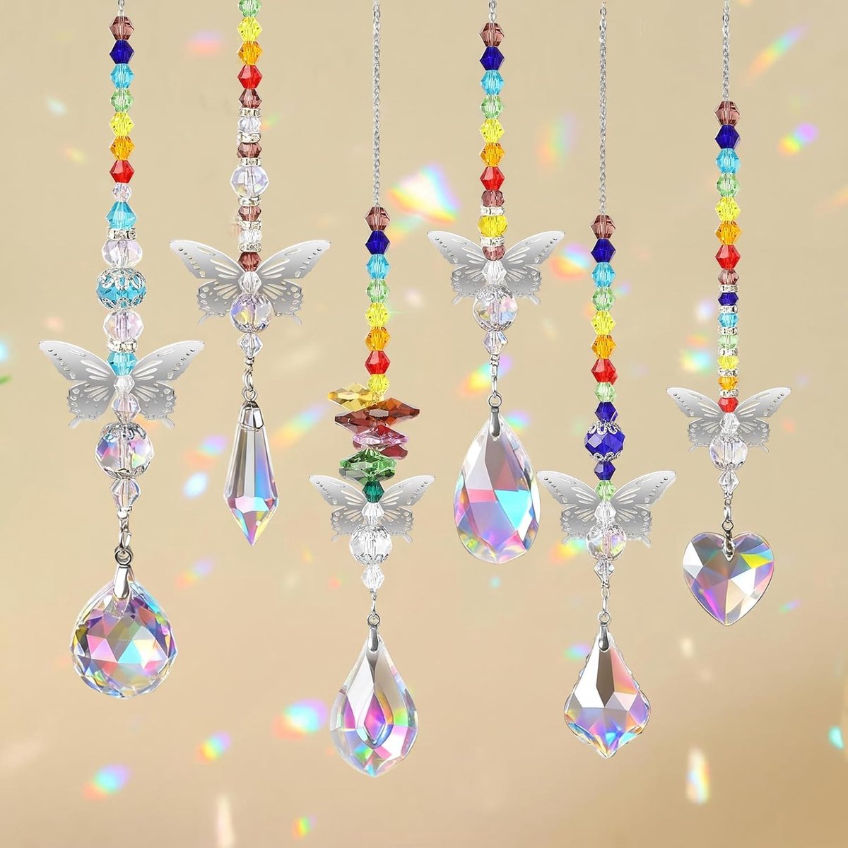 6 stuks kleurrijke kristallen glazen hangers, raamzonnevangers prisma hangende ornamenten, vlinderzonnevanger Rainbow Maker met kralenketting voor huis, tuin, kantoordecoratie