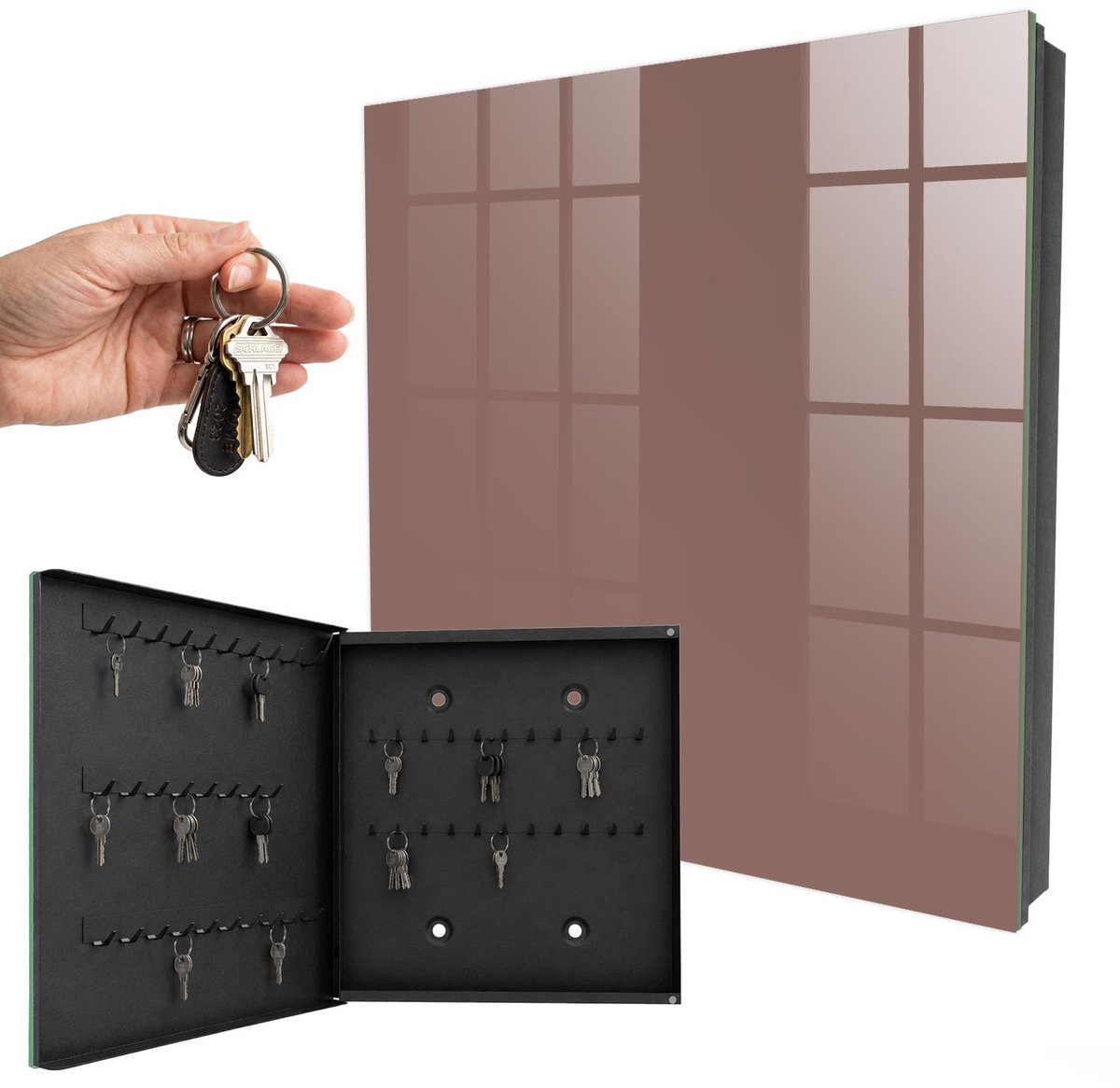 WallMuralia - Sleutelkast - 30x30x5 cm - met 50 haken - Lichtbruin Sleutelkastje Voor Binnen - Bruin Sleutelbox - Linksopenend - Zwart interieur