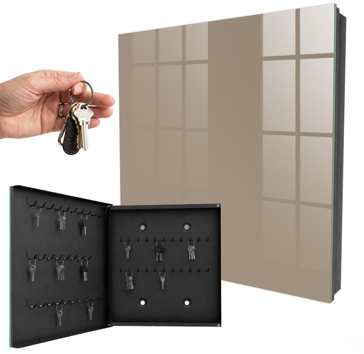 WallMuralia - Sleutelkast - 30x30x5 cm - met 50 haken - Lichtbruin Groot Sleutelkastje - Bruin Sleutelbox - Linksopenend - Zwart interieur