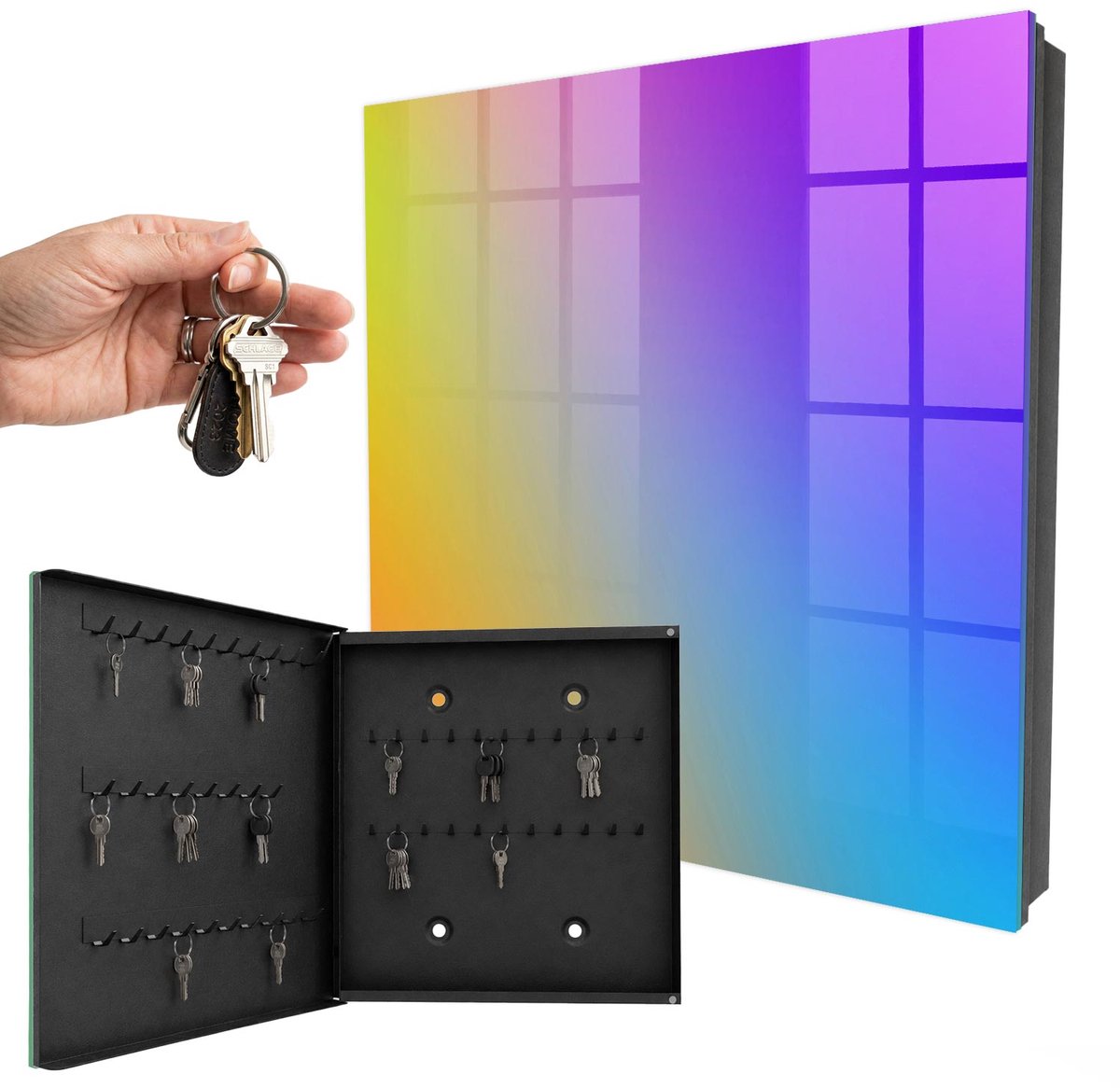 WallMuralia - Sleutelkast - 30x30x5 cm - met 50 haken - Kleurrijk Verloop Sleutelkastje - Geel Sleutelbox - Linksopenend - Zwart interieur