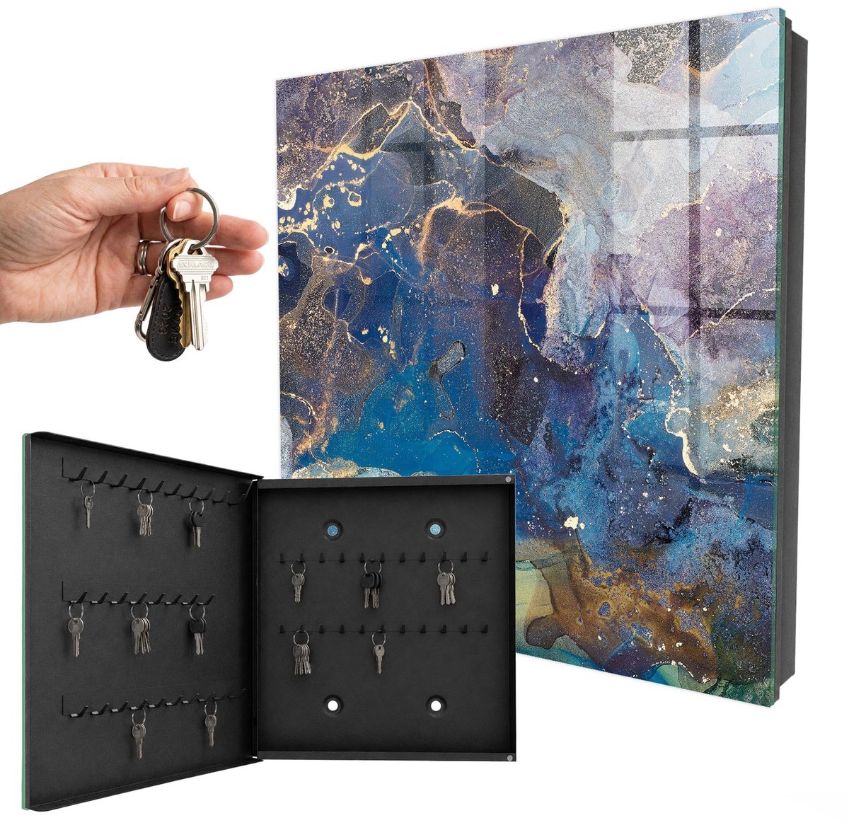 WallMuralia - Sleutelkast - 30x30x5 cm - met 50 haken - Mariene Abstractie Leuk Sleutelkastje - Blauw Sleutelbox - Linksopenend - Zwart interieur