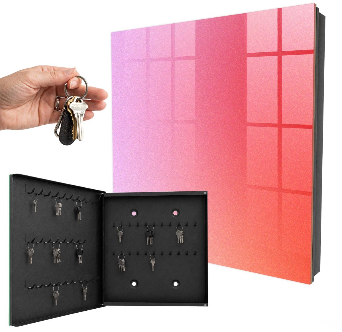 WallMuralia - Sleutelkast - 30x30x5 cm - met 50 haken - Kleurrijke Mist Sleutelkastje Design - Roze Sleutelbox - Linksopenend - Zwart interieur