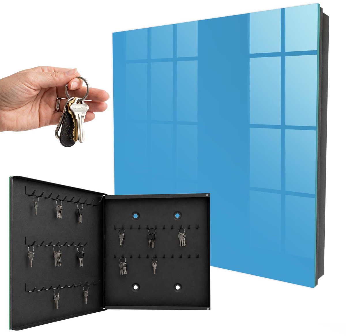 WallMuralia - Sleutelkast - 30x30x5 cm - met 50 haken - Blauw Water Design Sleutelkastje - Blauw Sleutelbox - Linksopenend - Zwart interieur