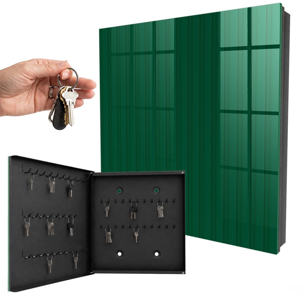 WallMuralia - Sleutelkast - 30x30x5 cm - met 50 haken - Groene Strepen Sleutelkastje Industrieel - Groente Sleutelbox - Linksopenend - Zwart interieur