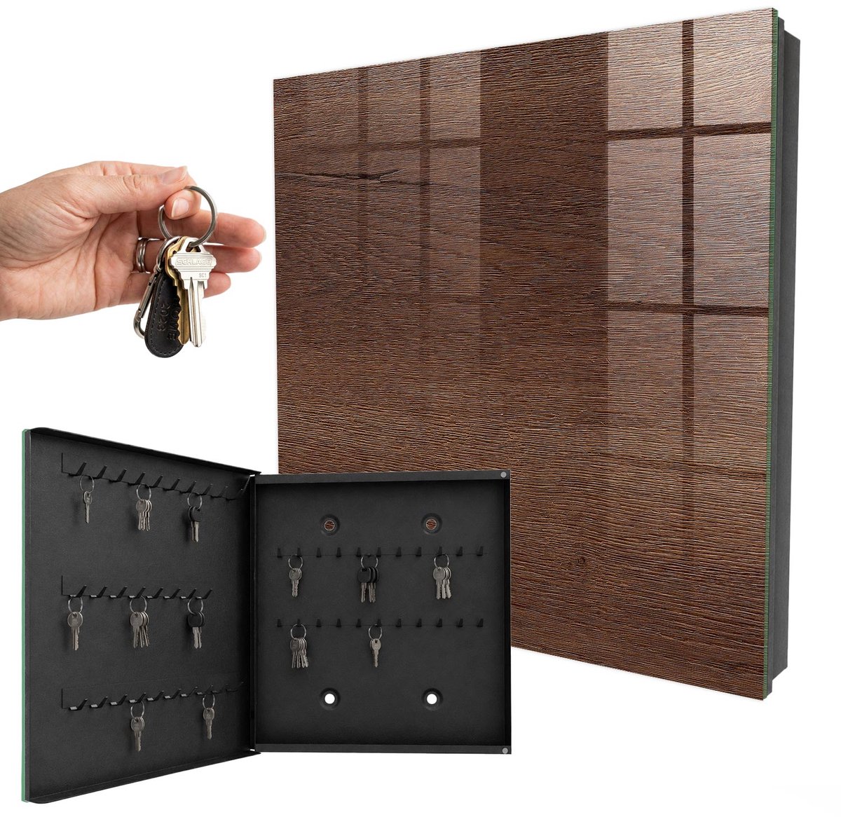 WallMuralia - Sleutelkast - 30x30x5 cm - met 50 haken - Bruin Hout Sleutelkastje Hal - Bruin Sleutelbox - Linksopenend - Zwart interieur