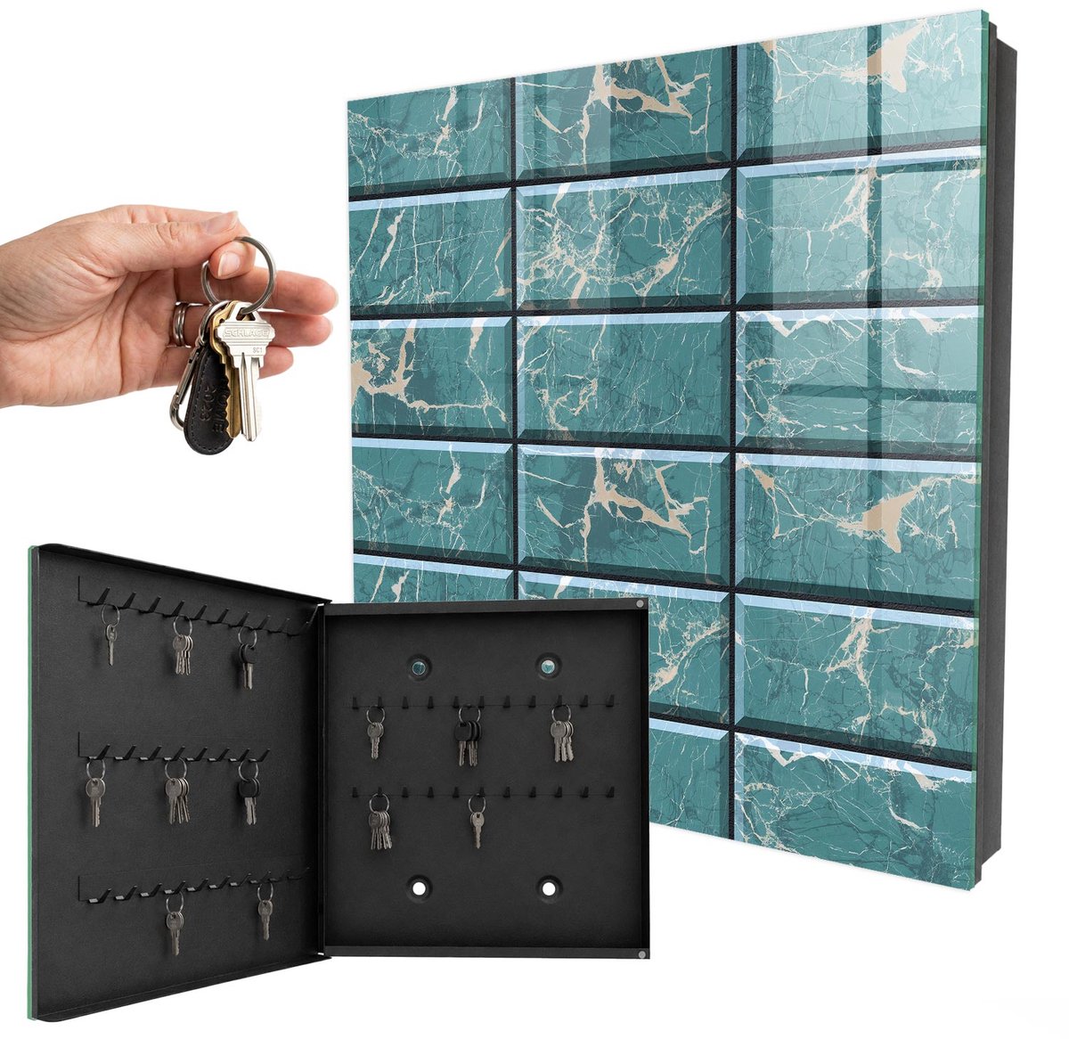 WallMuralia - Sleutelkast - 30x30x5 cm - met 50 haken - Turkoois Marmer Sleutelkastje Muur - Turkoois Sleutelbox - Linksopenend - Zwart interieur