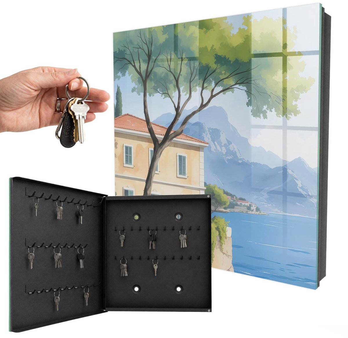 WallMuralia - Sleutelkast - 30x30x5 cm - met 50 haken - De Rust Van De Natuur Sleutelkastje Landelijk - Groente Sleutelbox - Linksopenend - Zwart interieur