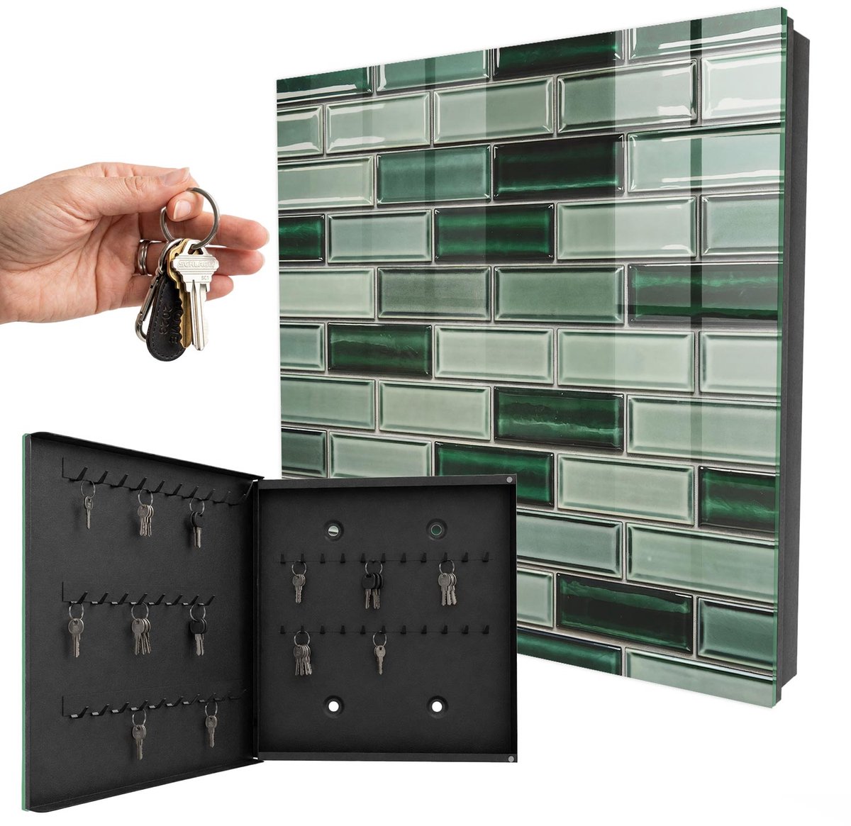 WallMuralia - Sleutelkast - 30x30x5 cm - met 50 haken - Groene Muur Sleutelkastje Hal - Groente Sleutelbox - Linksopenend - Zwart interieur