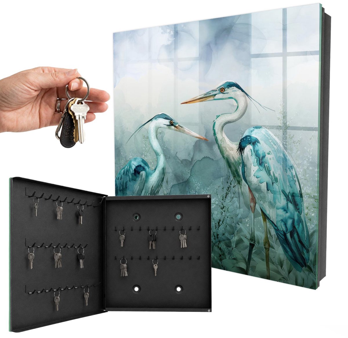 WallMuralia - Sleutelkast - 30x30x5 cm - met 50 haken - Aquarel Reigers Sleutelkastje Landelijk - Groente Sleutelbox - Linksopenend - Zwart interieur