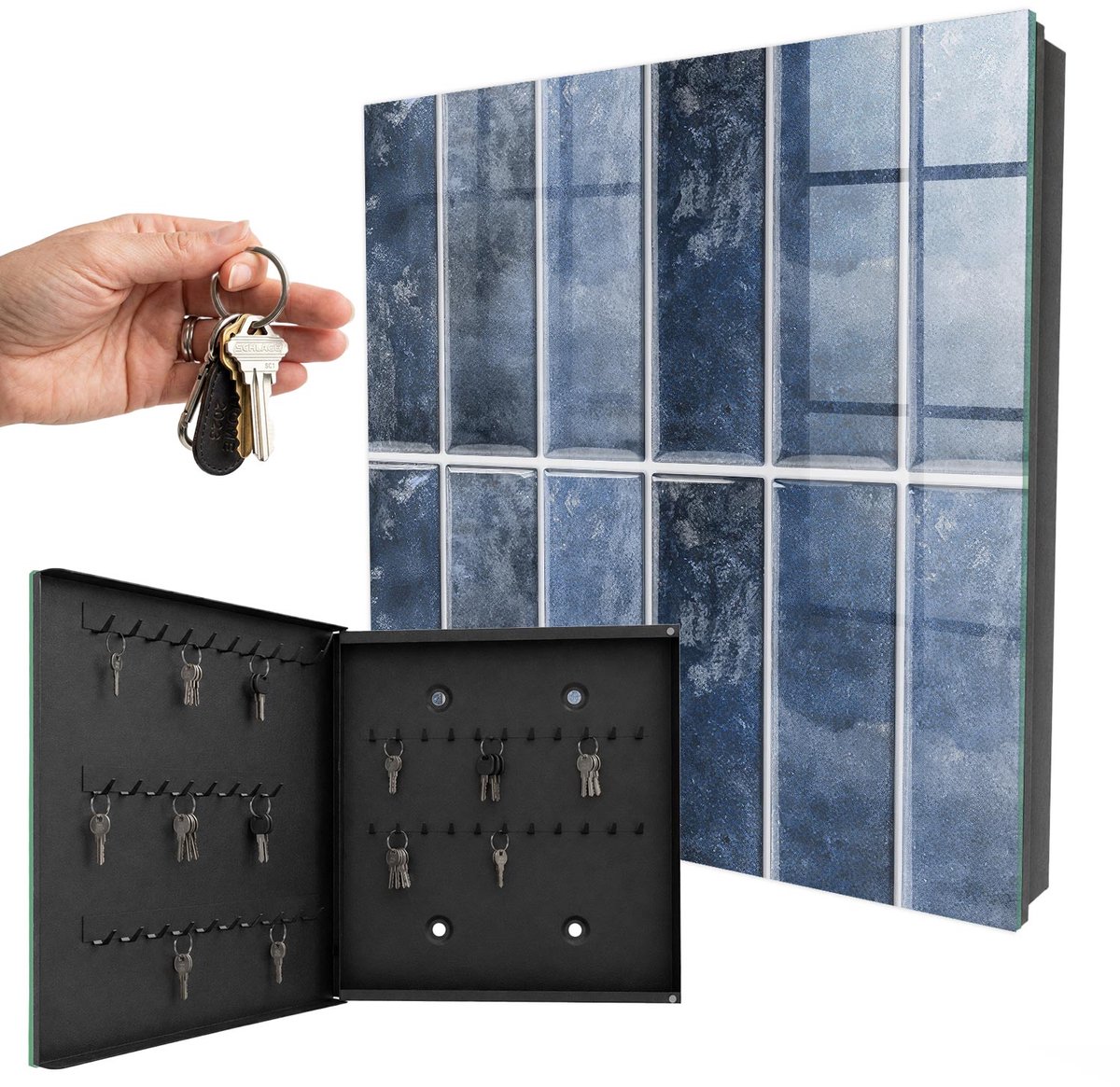 WallMuralia - Sleutelkast - 30x30x5 cm - met 50 haken - Blauwe Tegels Sleutelkastje Modern - Blauw Sleutelbox - Linksopenend - Zwart interieur
