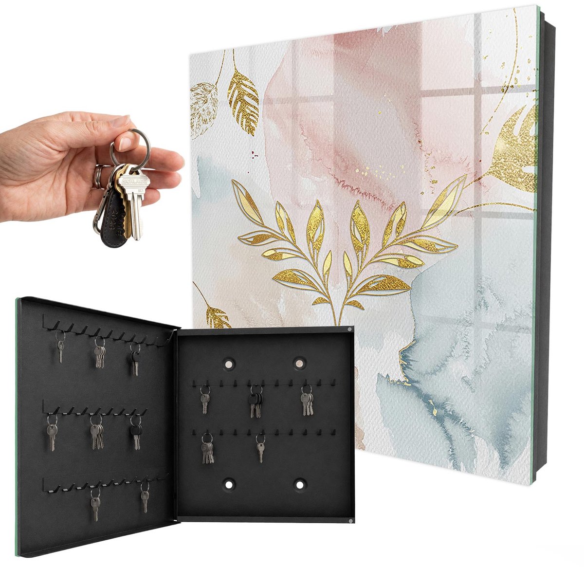 WallMuralia - Sleutelkast - 30x30x5 cm - met 50 haken - Pastel Charm Groot Sleutelkastje - Roze Sleutelbox - Linksopenend - Zwart interieur