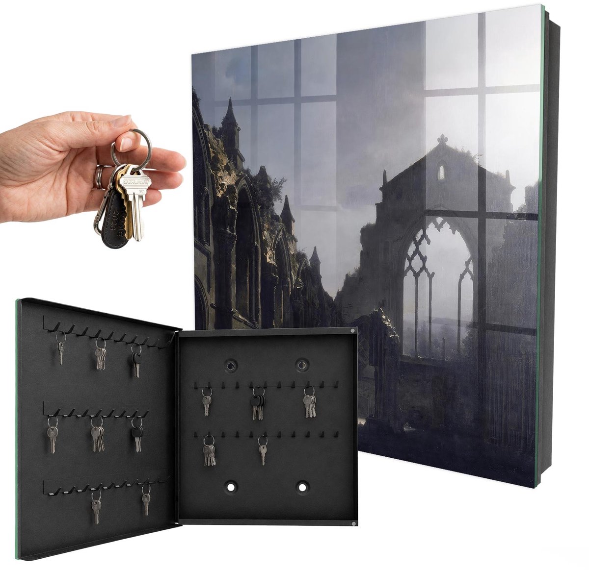 WallMuralia - Sleutelkast - 30x30x5 cm - met 50 haken - Mysterieuze Ruïnes Design Sleutelkastje - Grijs Sleutelbox - Linksopenend - Zwart interieur