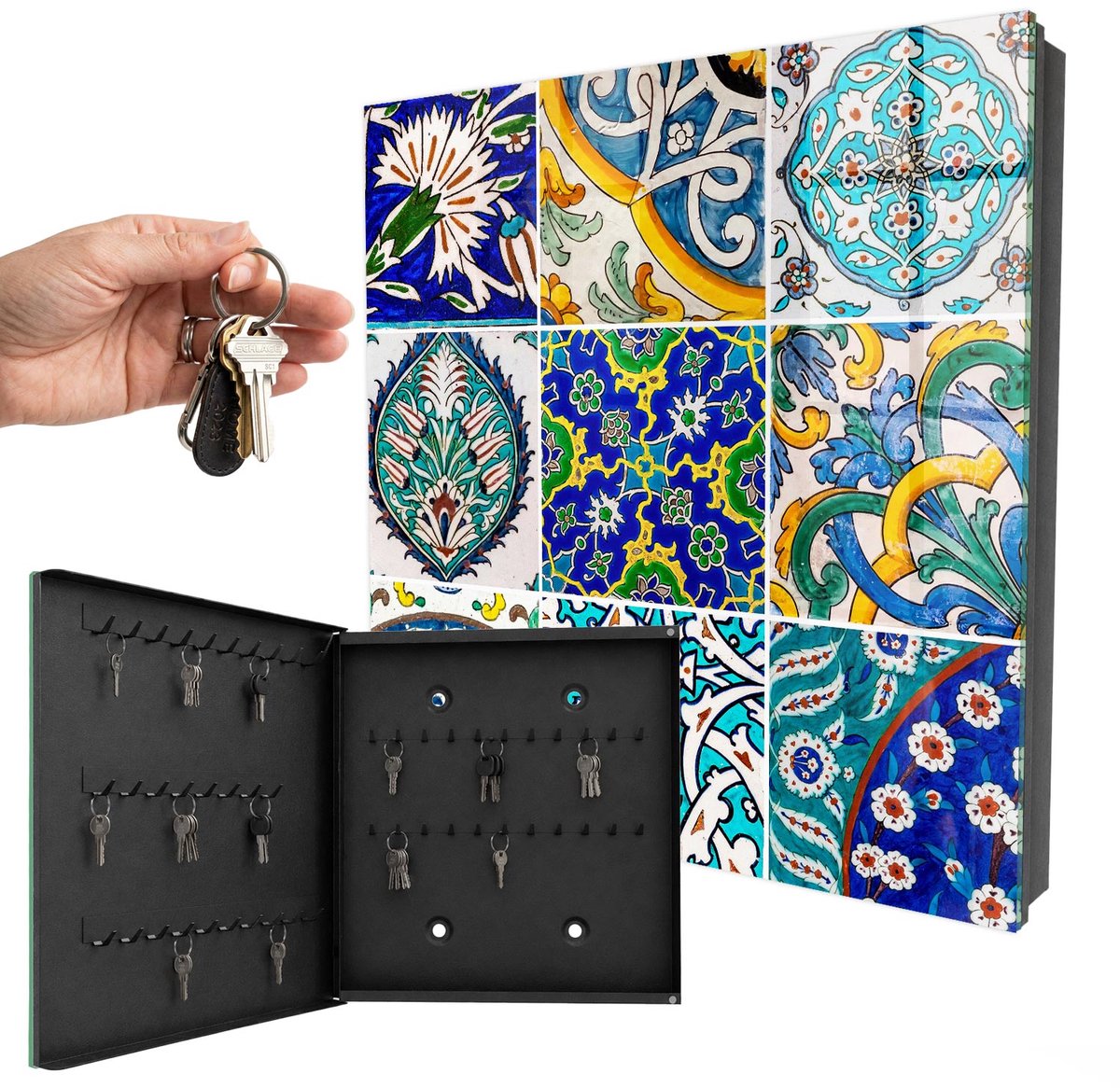 WallMuralia - Sleutelkast - 30x30x5 cm - met 50 haken - Kleurrijke Patronen Sleutelkastje Muur - Blauw Sleutelbox - Linksopenend - Zwart interieur