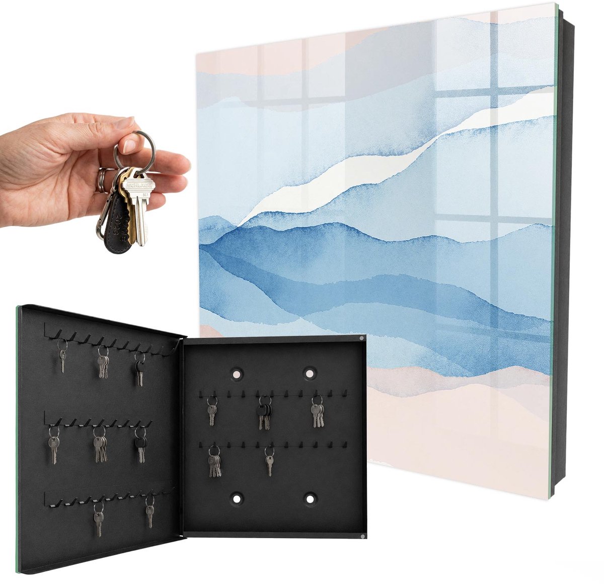 WallMuralia - Sleutelkast - 30x30x5 cm - met 50 haken - Rustgevende Golven Groot Sleutelkastje - Blauw Sleutelbox - Linksopenend - Zwart interieur