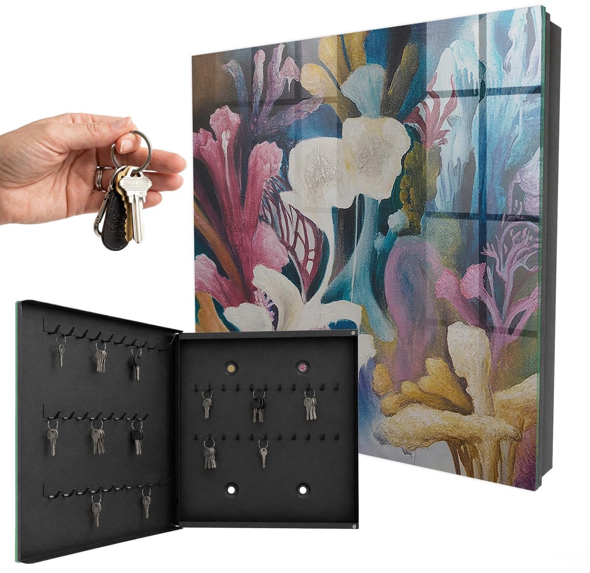 WallMuralia - Sleutelkast - 30x30x5 cm - met 50 haken - Abstracte Natuur Sleutelkastje Modern - Roze Sleutelbox - Linksopenend - Zwart interieur