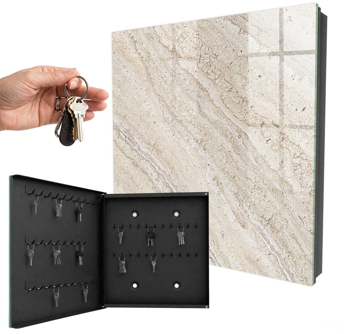WallMuralia - Sleutelkast - 30x30x5 cm - met 50 haken - Licht Marmer Sleutelkastje Modern - Beige Sleutelbox - Linksopenend - Zwart interieur