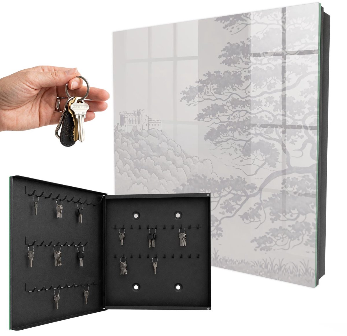 WallMuralia - Sleutelkast - 30x30x5 cm - met 50 haken - Kasteellandschap Sleutelkastje Hal - Grijs Sleutelbox - Linksopenend - Zwart interieur