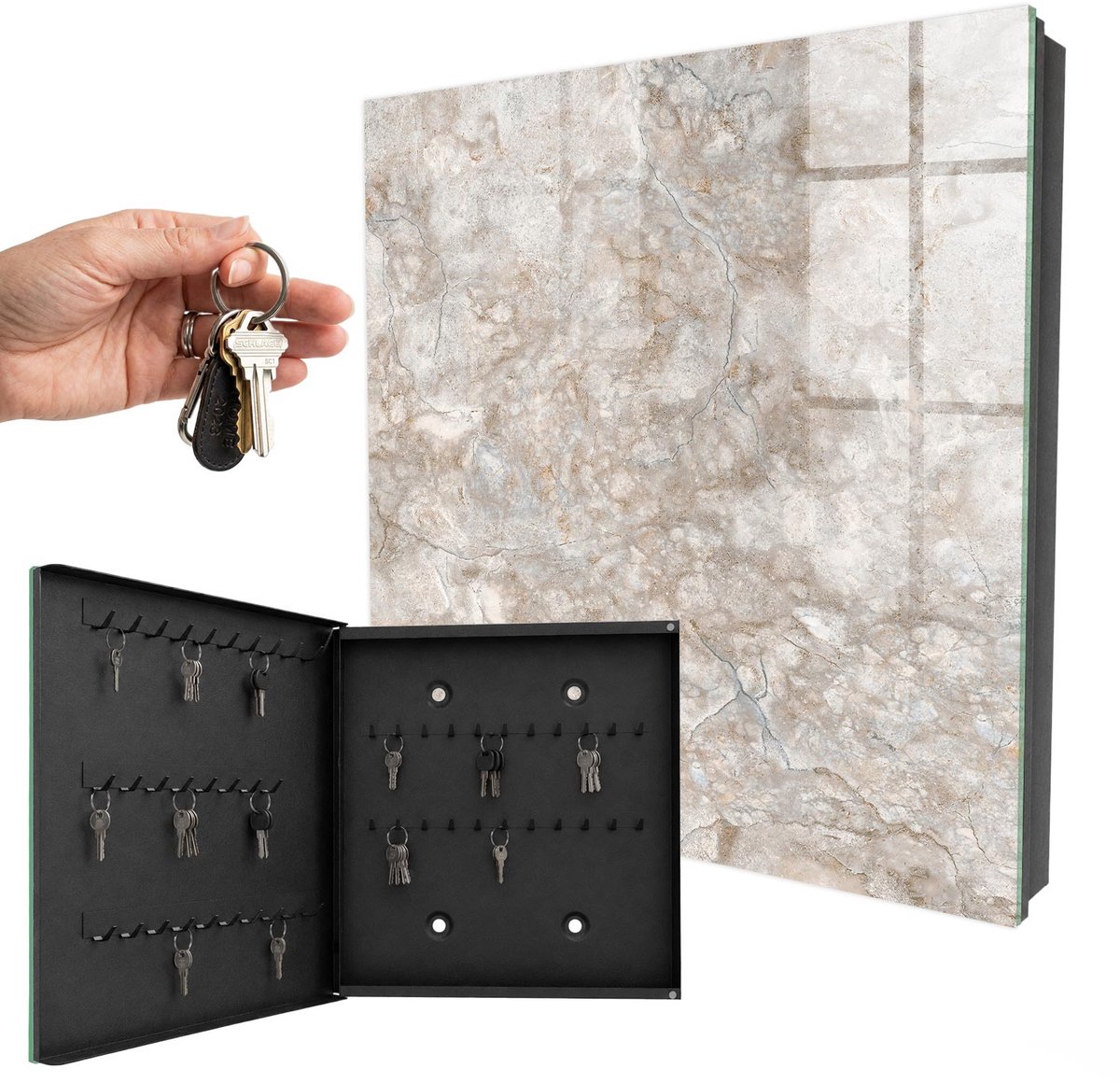 WallMuralia - Sleutelkast - 30x30x5 cm - met 50 haken - Marmeren Structuur Sleutelkastje Gang - Beige Sleutelbox - Linksopenend - Zwart interieur