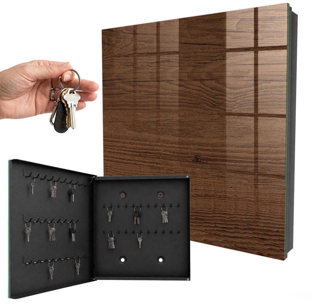 WallMuralia - Sleutelkast - 30x30x5 cm - met 50 haken - Houtstructuur Sleutelkastje - Bruin Sleutelbox - Linksopenend - Zwart interieur