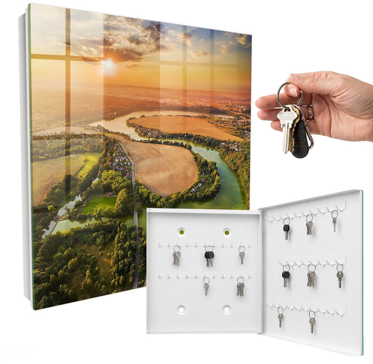 WallMuralia - Sleutelkast - 30x30x5 cm - met 50 haken - Natuurlandschap Sleutelkastje Binnen - Groente Sleutelbox - Rechtsopenend - Wit interieur