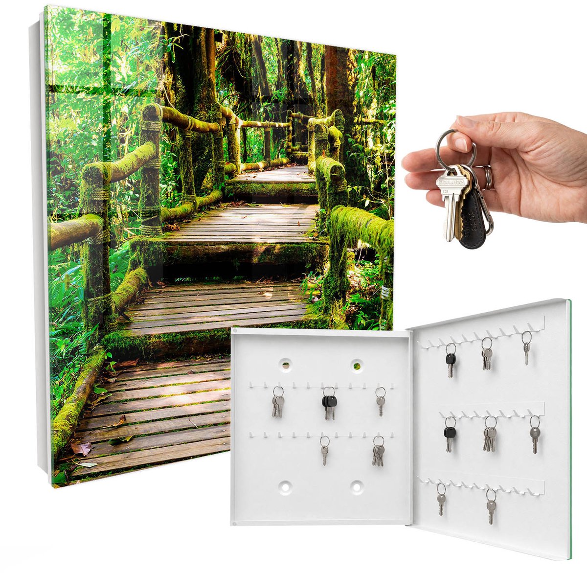 WallMuralia - Sleutelkast - 30x30x5 cm - met 50 haken - Bosbrug Sleutelkastje Huis - Groente Sleutelbox - Rechtsopenend - Wit interieur