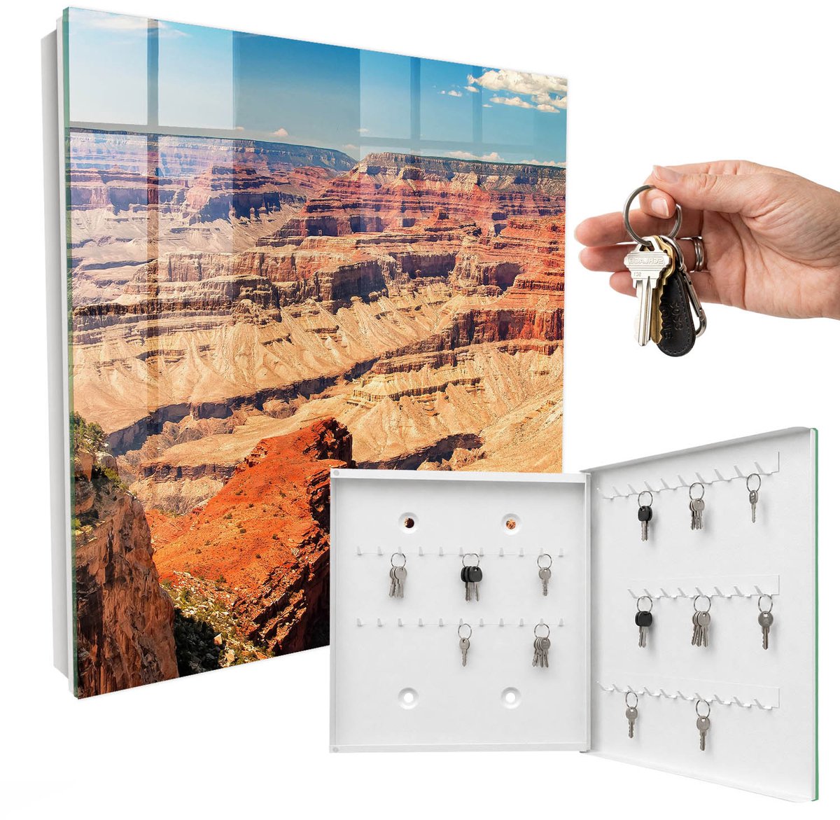 WallMuralia - Sleutelkast - 30x30x5 cm - met 50 haken - Steen Schoonheid Leuk Sleutelkastje - Geel Sleutelbox - Rechtsopenend - Wit interieur