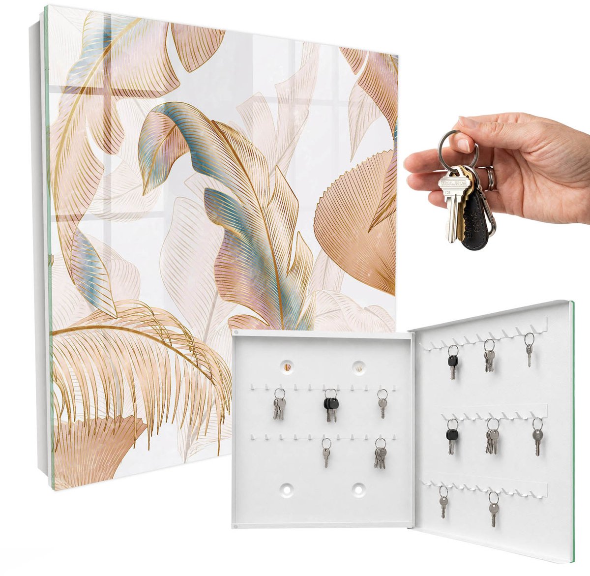 WallMuralia - Sleutelkast - 30x30x5 cm - met 50 haken - Tere Bladeren Sleutelkastje Klein - Beige Sleutelbox - Rechtsopenend - Wit interieur