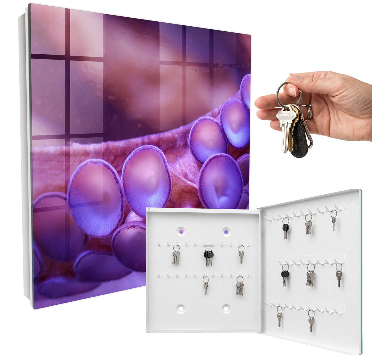 WallMuralia - Sleutelkast - 30x30x5 cm - met 50 haken - Harmonie Onder Water Sleutelkastje - Paars Sleutelbox - Rechtsopenend - Wit interieur