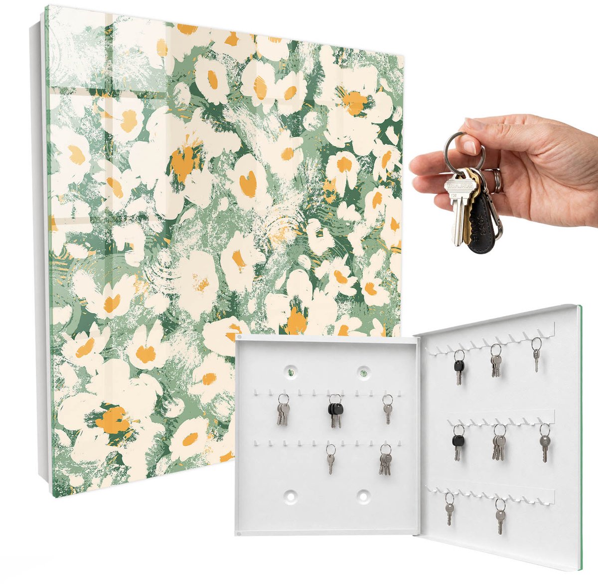 WallMuralia - Sleutelkast - 30x30x5 cm - met 50 haken - Bloemenpatroon Sleutelkastje Modern - Groente Sleutelbox - Rechtsopenend - Wit interieur
