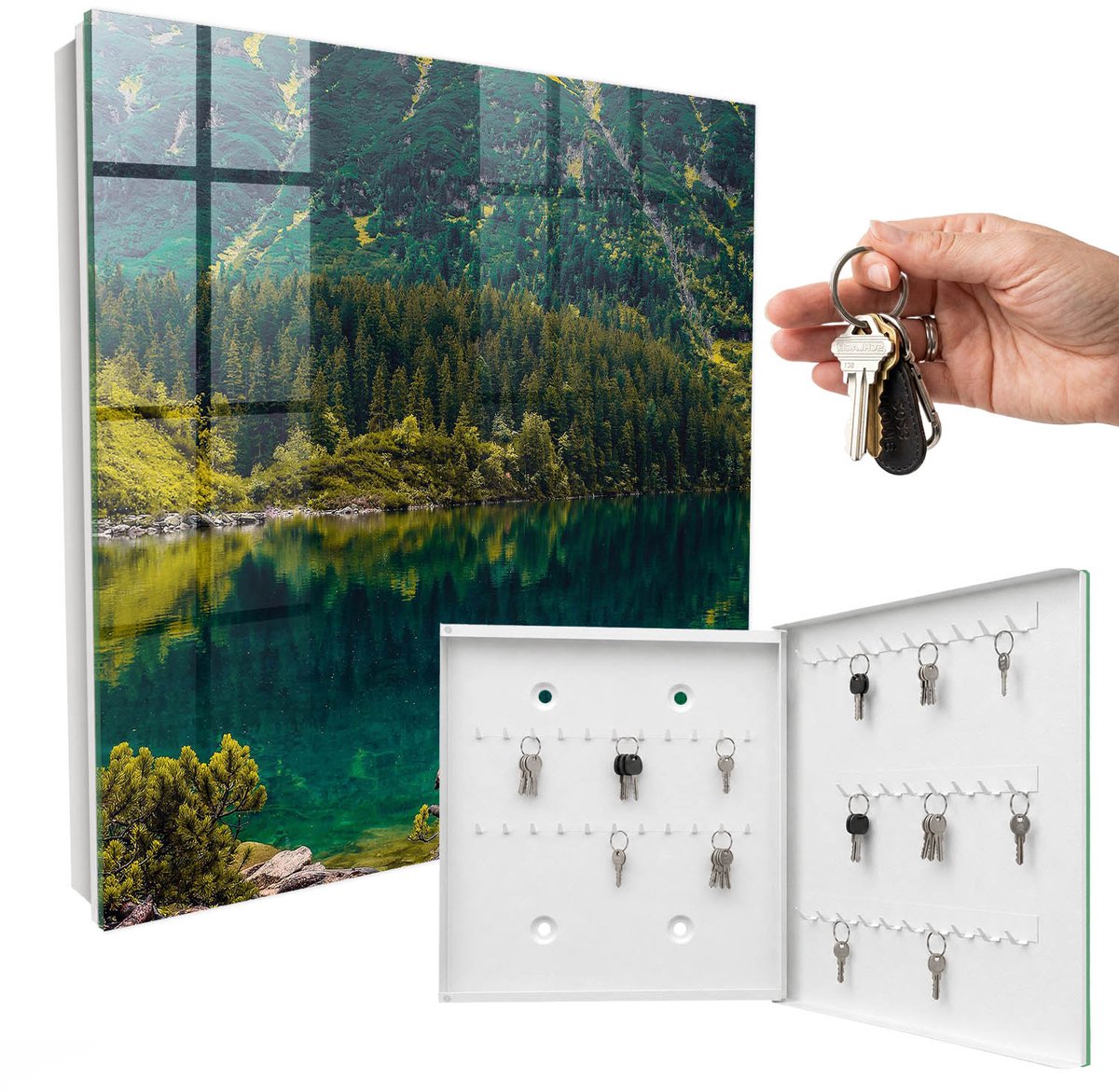WallMuralia - Sleutelkast - 30x30x5 cm - met 50 haken - Idylle In De Bergen Sleutelkastje Industrieel - Groente Sleutelbox - Rechtsopenend - Wit interieur