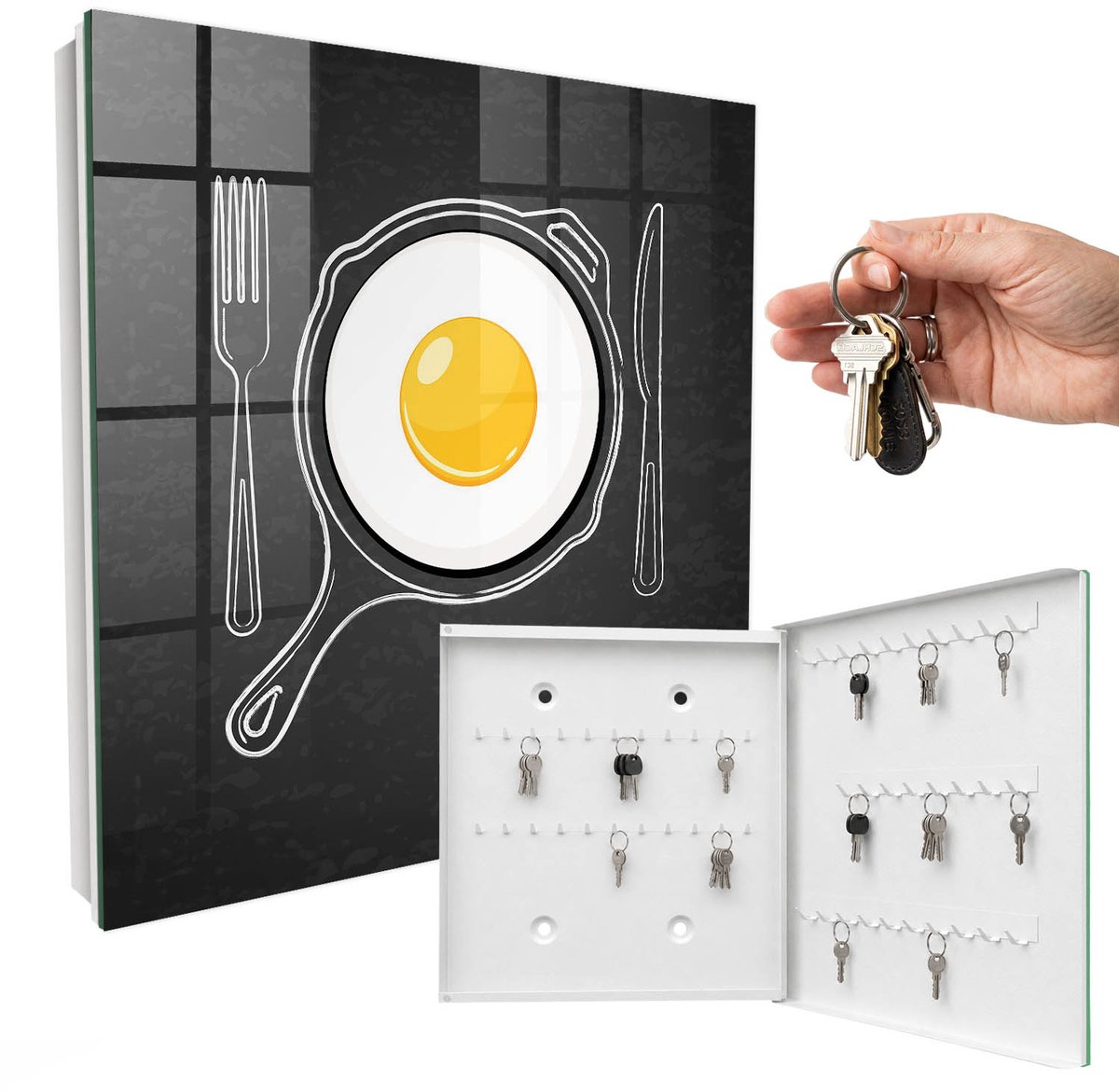 WallMuralia - Sleutelkast - 30x30x5 cm - met 50 haken - Gebakken Ei Design Sleutelkastje - Zwart Sleutelbox - Rechtsopenend - Wit interieur