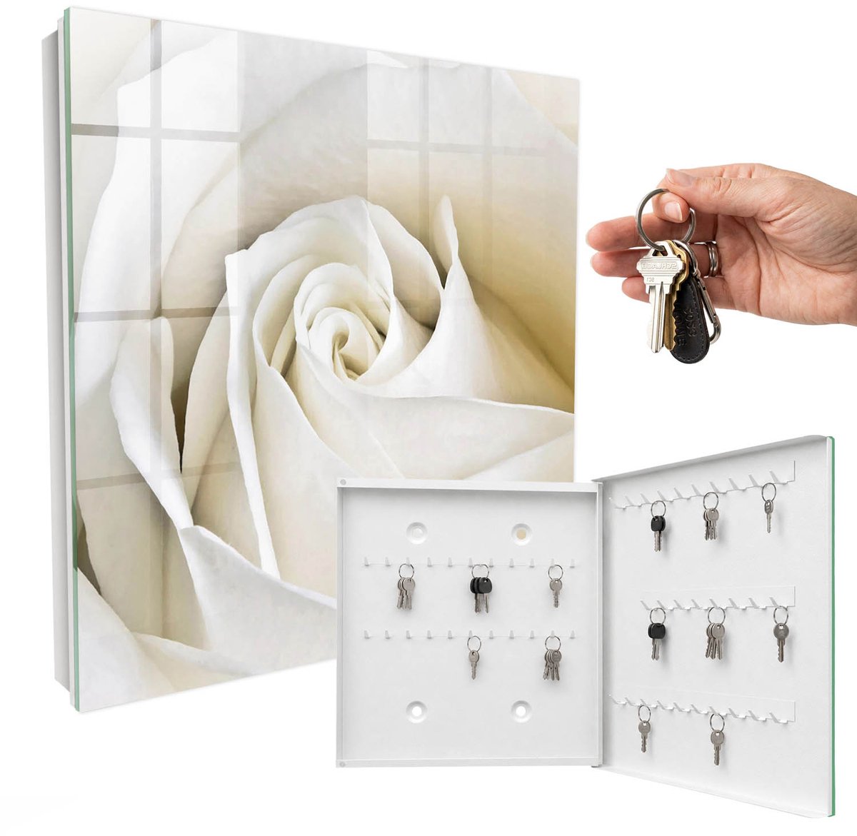 WallMuralia - Sleutelkast - 30x30x5 cm - met 50 haken - Witte Roos Sleutelkastje - Wit Sleutelbox - Rechtsopenend - Wit interieur