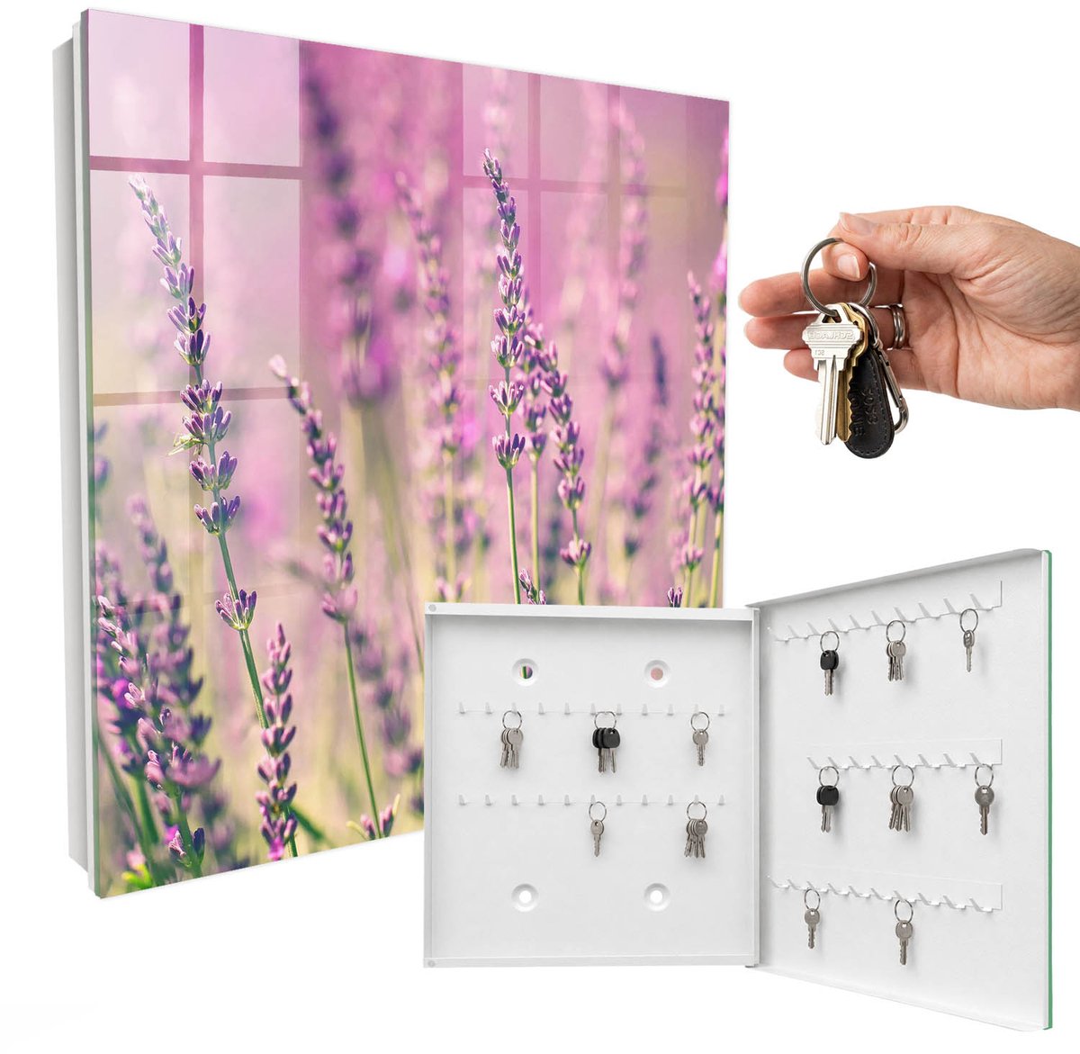 WallMuralia - Sleutelkast - 30x30x5 cm - met 50 haken - Paarse Tuin Sleutelkastje Klein - Paars Sleutelbox - Rechtsopenend - Wit interieur