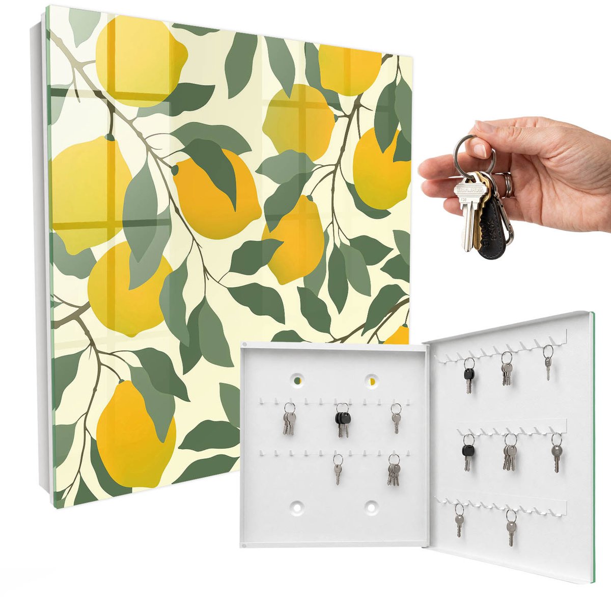 WallMuralia - Sleutelkast - 30x30x5 cm - met 50 haken - Sappige Citroenen Groot Sleutelkastje - Geel Sleutelbox - Rechtsopenend - Wit interieur