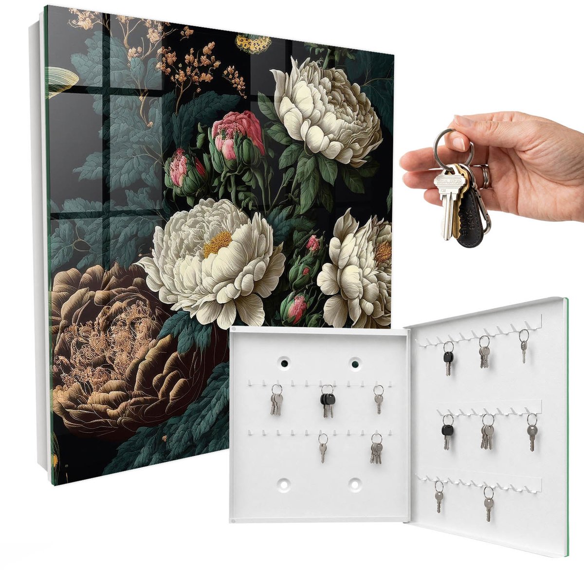 WallMuralia - Sleutelkast - 30x30x5 cm - met 50 haken - Pioenbloemen Design Sleutelkastje - Groente Sleutelbox - Rechtsopenend - Wit interieur