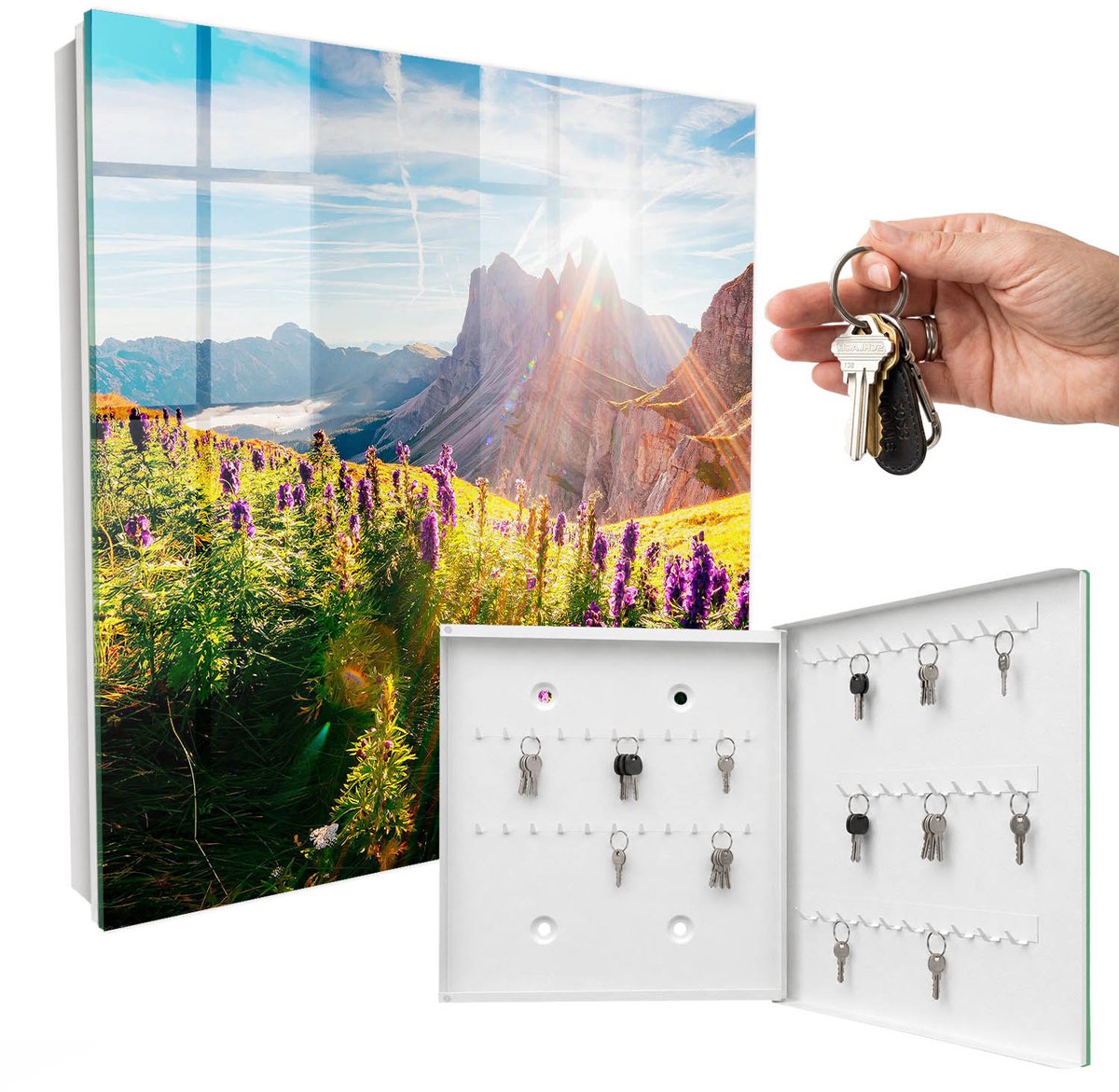 WallMuralia - Sleutelkast - 30x30x5 cm - met 50 haken - Idylle In De Bergen Sleutelkastje Muur - Groente Sleutelbox - Rechtsopenend - Wit interieur