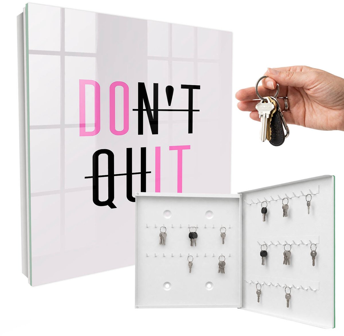 WallMuralia - Sleutelkast - 30x30x5 cm - met 50 haken - Motiverende Typografie Sleutelkastje Industrieel - Zwart Sleutelbox - Rechtsopenend - Wit interieur