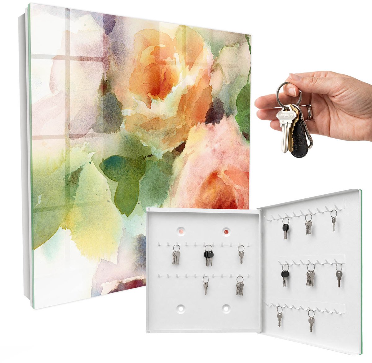 WallMuralia - Sleutelkast - 30x30x5 cm - met 50 haken - Bloemenmotief Sleutelkastje Industrieel - Groente Sleutelbox - Rechtsopenend - Wit interieur