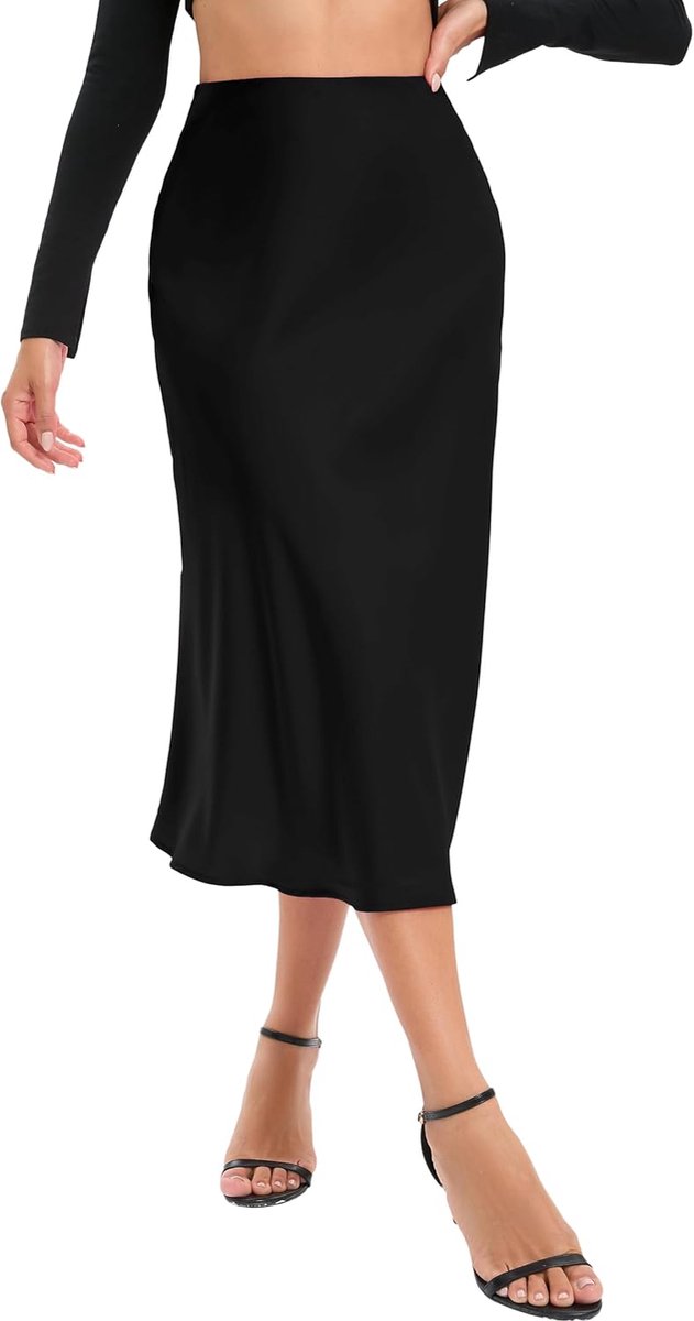 Midirok satijnen rok voor dames, elegant, lang, hoge taille, effen