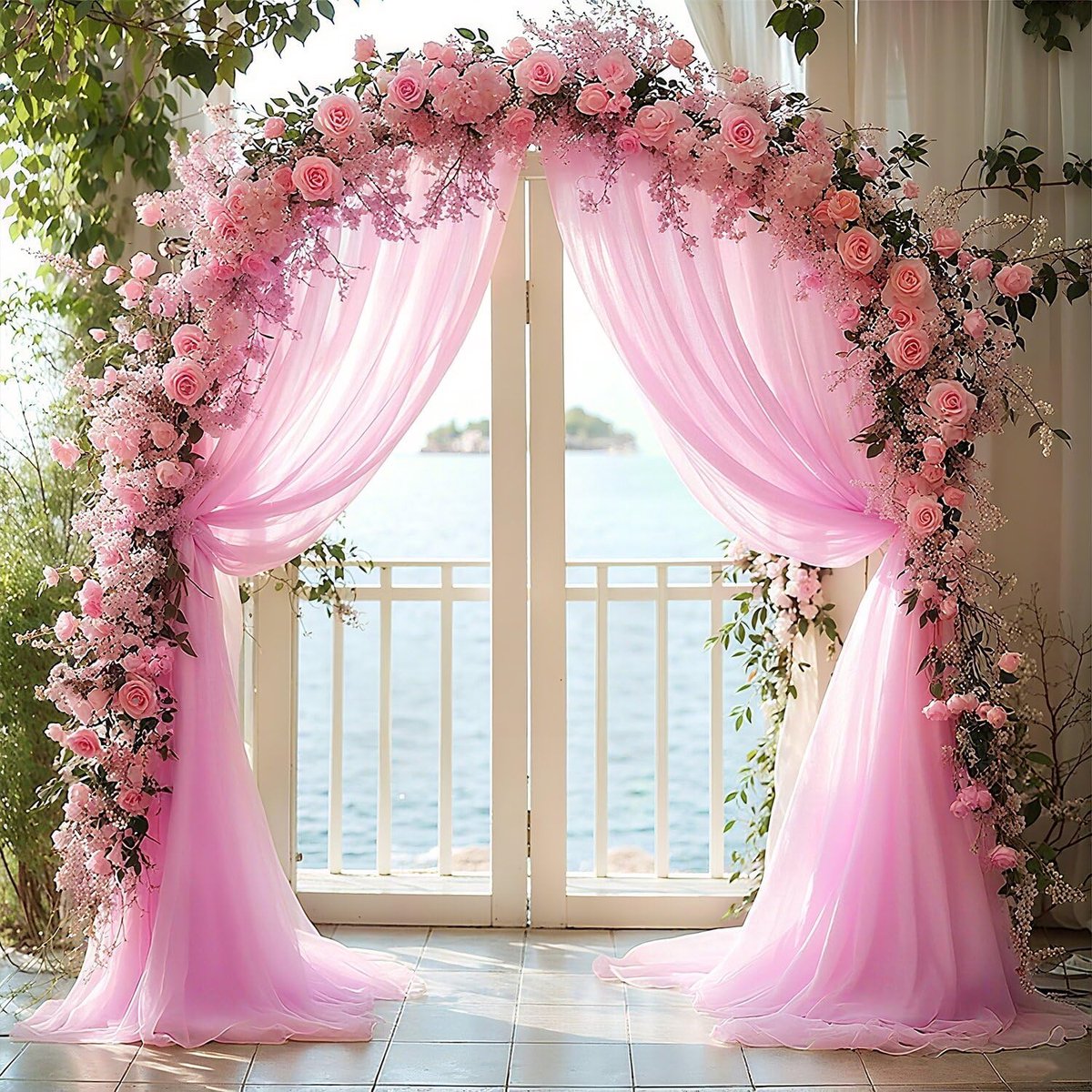 vrije handdecoratie, bruiloftsboog, gordijnen, trouwboogdecoratie