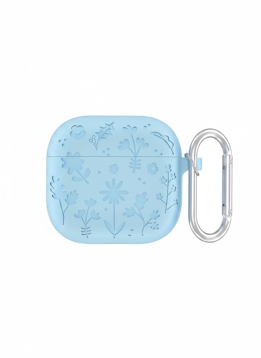 Enluxe Case geschikt voor Airpods 4 - Wilde Bloemen Lichtblauw - Siliconen Hoesje met Reliëf en Karabijnhaak