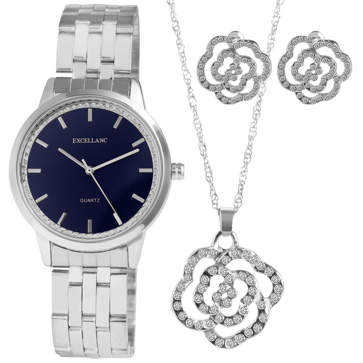 Excellanc dameshorloge geschenkset zilverkleurig/zwart cadeauset horloge, ketting, oorbellen kerstcadeau
