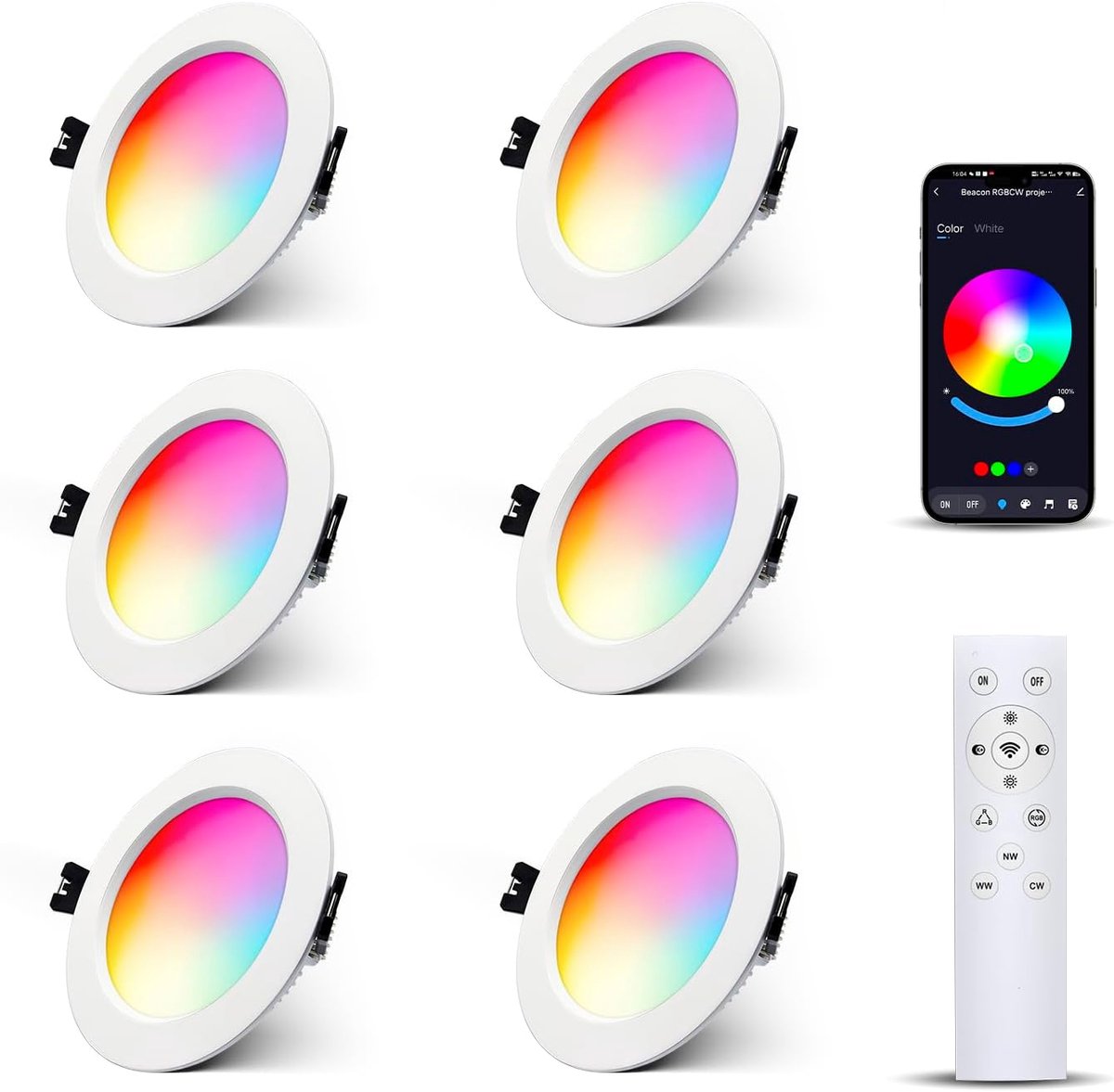 6x RGBW Bluetooth LED Inbouwspots Dimbaar 10W - Plafondspot met Afstandsbediening App Kleurwissel RGB+Warm Wit+Koud Wit, Rond 230V voor Woonkamer, Slaapkamer